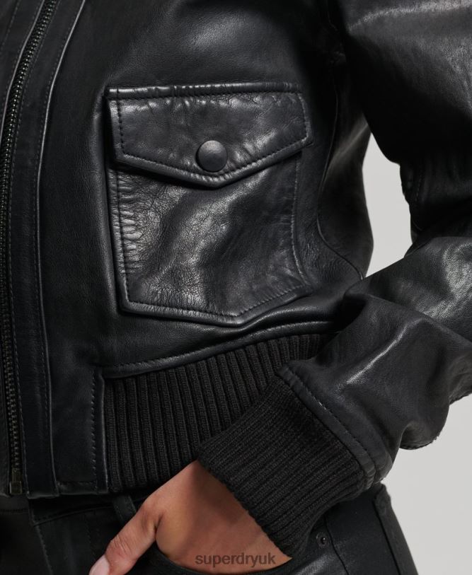 Knit Collar Leather Bomber Jacket Women Black Clothing Superdry 66N8N3718