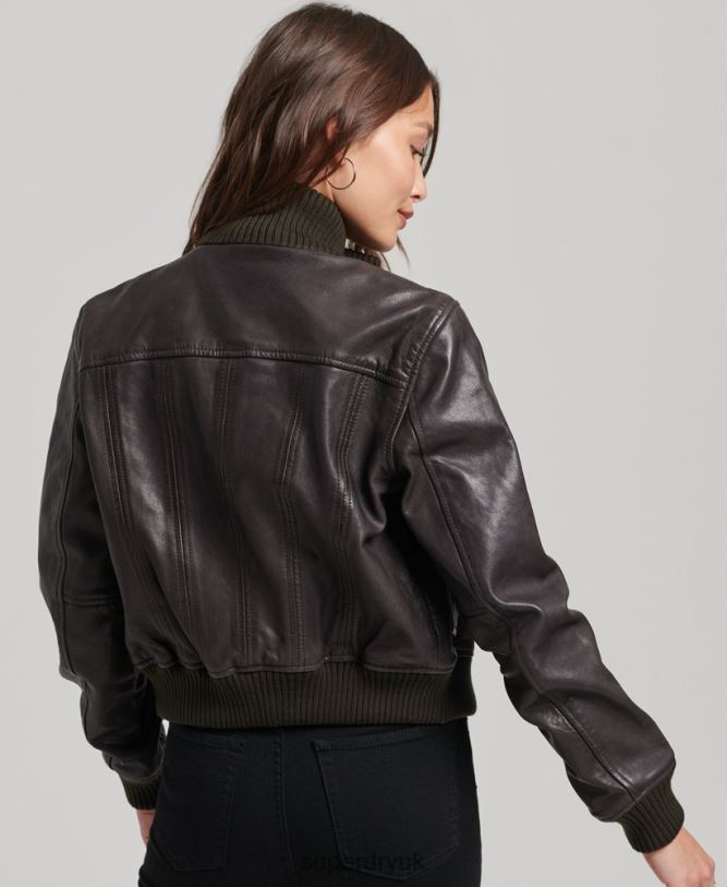 Knit Collar Leather Bomber Jacket Women Brown Clothing Superdry 66N8N3546