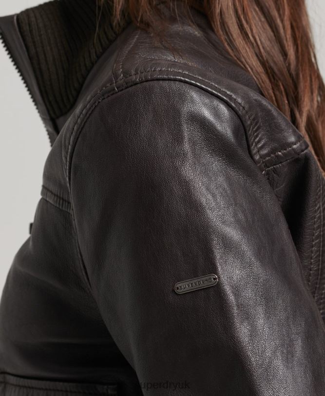 Knit Collar Leather Bomber Jacket Women Brown Clothing Superdry 66N8N3546