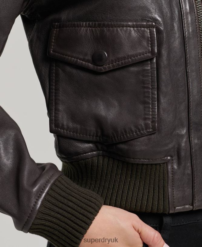 Knit Collar Leather Bomber Jacket Women Brown Clothing Superdry 66N8N3546