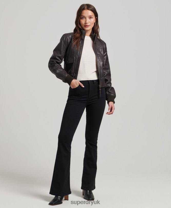 Knit Collar Leather Bomber Jacket Women Brown Clothing Superdry 66N8N3546