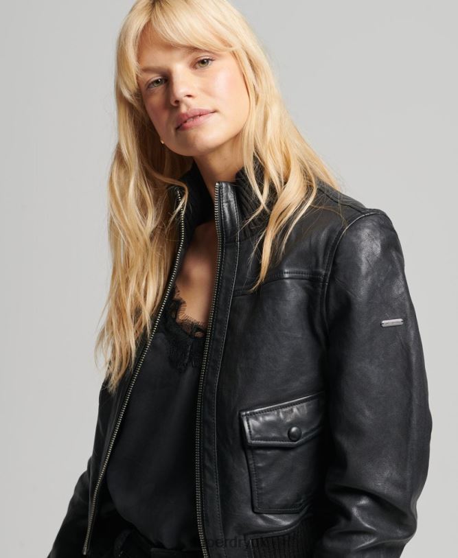 Knitted Collar Leather Bomber Jacket Women Black Clothing Superdry 66N8N3719