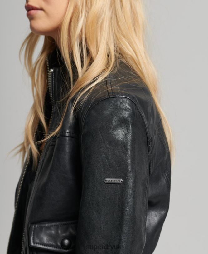 Knitted Collar Leather Bomber Jacket Women Black Clothing Superdry 66N8N3719