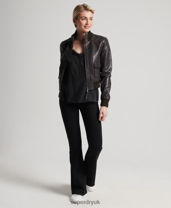 Knitted Collar Leather Bomber Jacket Women Brown Clothing Superdry 66N8N3672