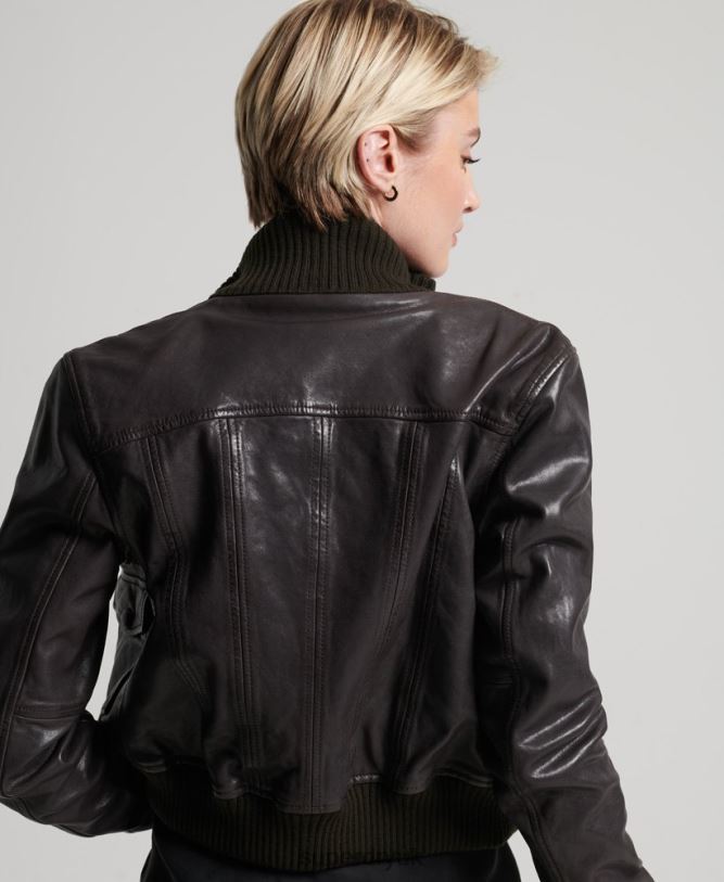 Knitted Collar Leather Bomber Jacket Women Brown Clothing Superdry 66N8N3672