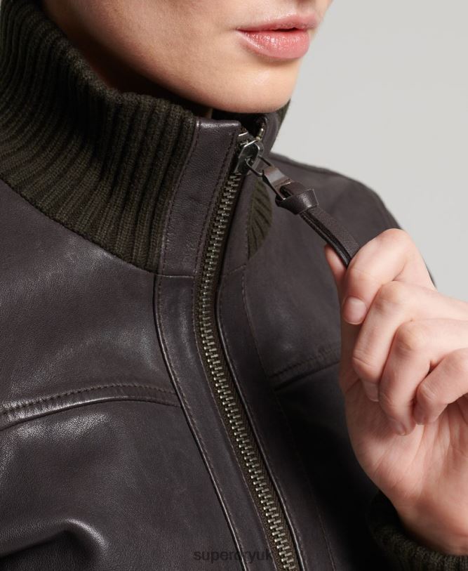Knitted Collar Leather Bomber Jacket Women Brown Clothing Superdry 66N8N3672