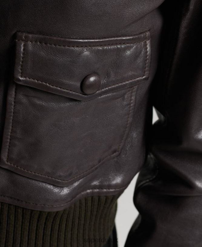 Knitted Collar Leather Bomber Jacket Women Brown Clothing Superdry 66N8N3672