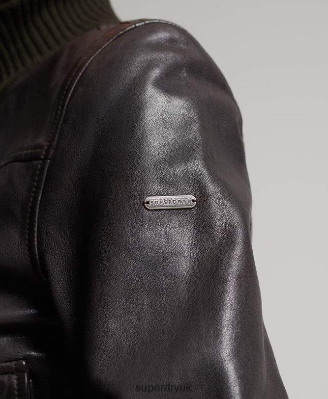 Knitted Collar Leather Bomber Jacket Women Brown Clothing Superdry 66N8N3672