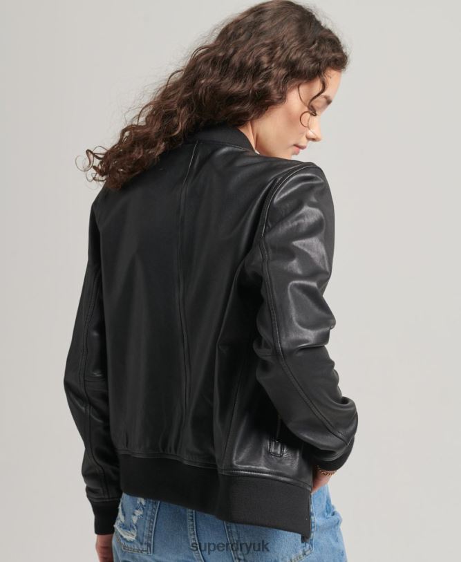 Leather Flight Bomber Jacket Women Black Clothing Superdry 66N8N5723
