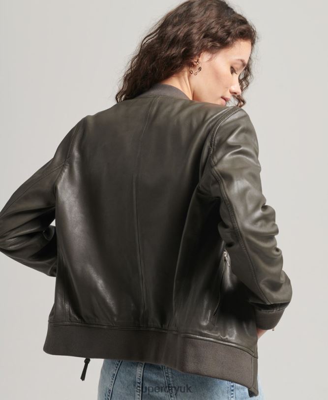 Leather Flight Bomber Jacket Women Dark Grey Clothing Superdry 66N8N5620