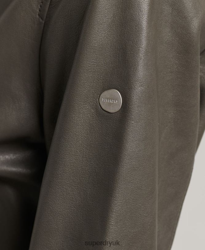 Leather Flight Bomber Jacket Women Dark Grey Clothing Superdry 66N8N5620