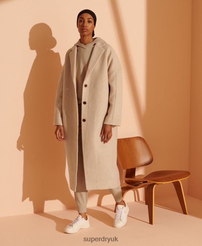 Limited Edition Longline Wool Coat Women Beige Clothing Superdry 66N8N5717