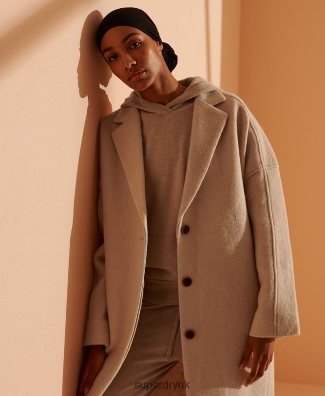 Limited Edition Longline Wool Coat Women Beige Clothing Superdry 66N8N5717