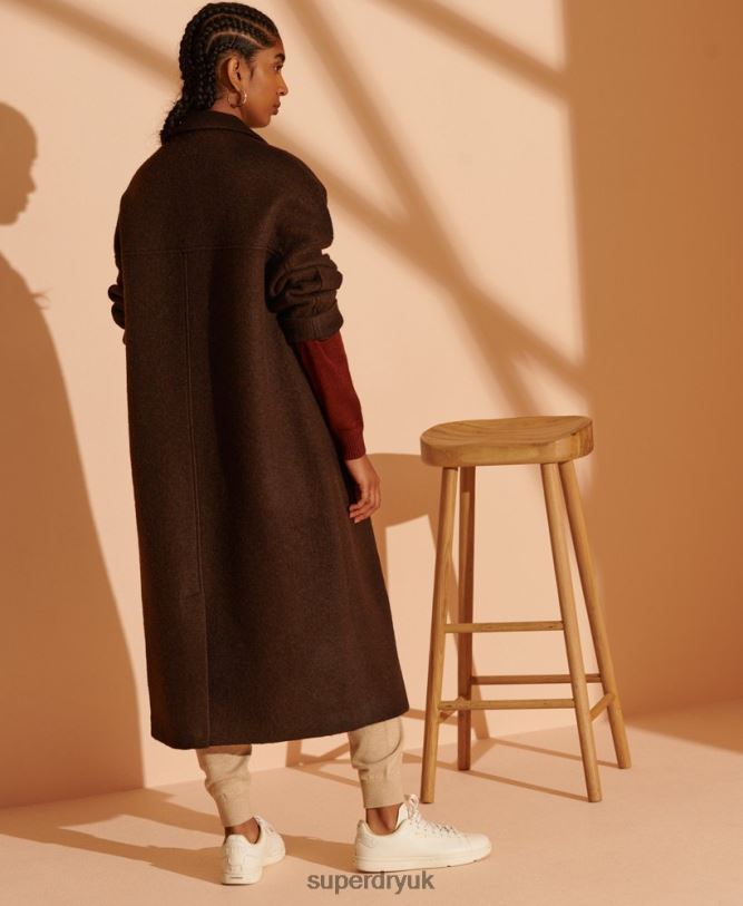 Limited Edition Longline Wool Coat Women Brown Clothing Superdry 66N8N5715