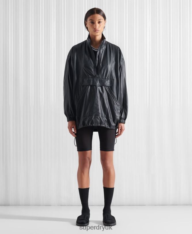 Limited Edition SDX Leather Track Top Women Black Clothing Superdry 66N8N1193