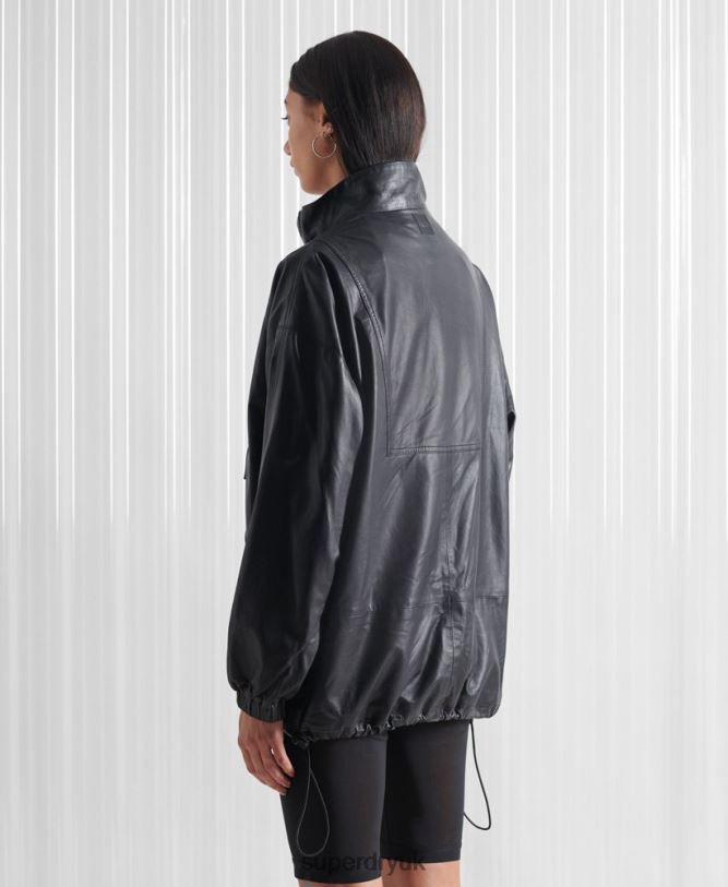 Limited Edition SDX Leather Track Top Women Black Clothing Superdry 66N8N1193