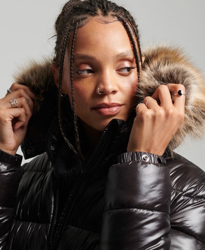 Mountain Fuji Shine Longline Jacket Women Black Clothing Superdry 66N8N3562