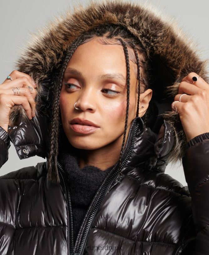 Mountain Fuji Shine Longline Jacket Women Black Clothing Superdry 66N8N3562