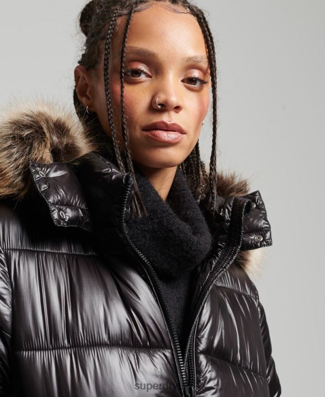 Mountain Fuji Shine Longline Jacket Women Black Clothing Superdry 66N8N3562