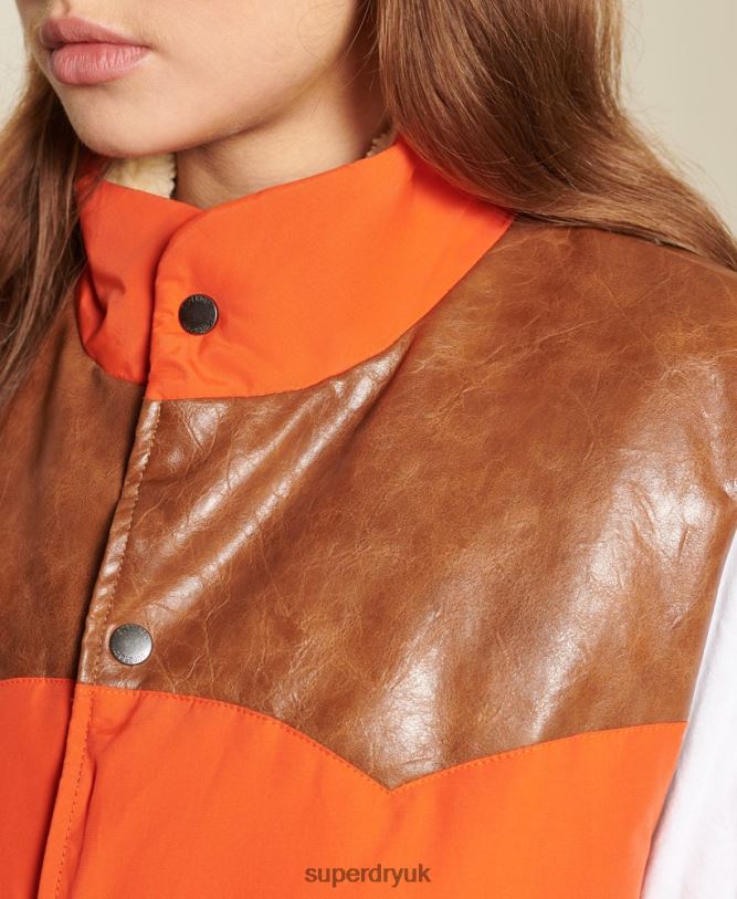 Oversized Leather Mix Gilet Women Orange Clothing Superdry 66N8N5452