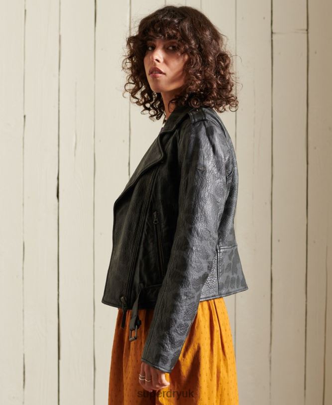 Rocker Cropped Leather Biker Jacket Women Black Clothing Superdry 66N8N5697