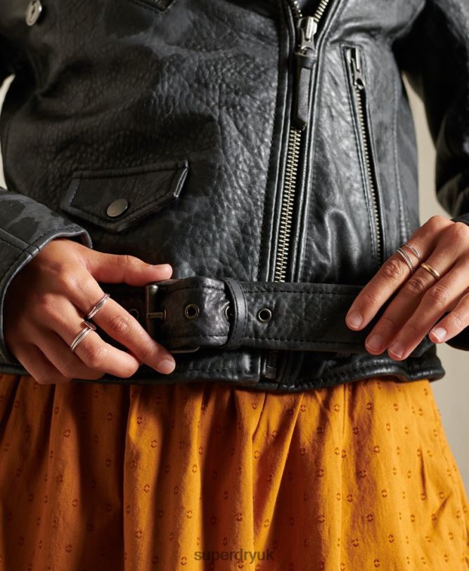 Rocker Cropped Leather Biker Jacket Women Black Clothing Superdry 66N8N5697