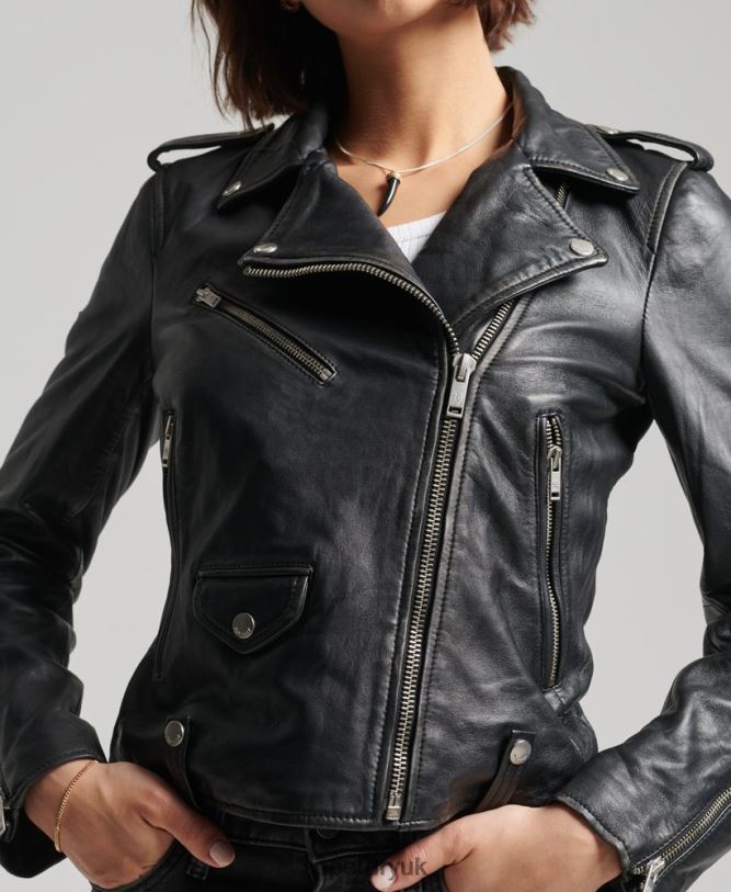 Rylee Leather Biker Jacket Women Black Clothing Superdry 66N8N3735