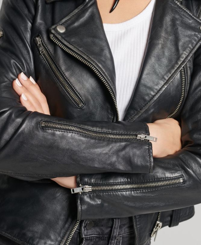Rylee Leather Biker Jacket Women Black Clothing Superdry 66N8N3735