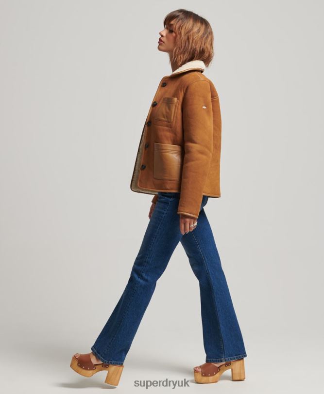 Shearling Chore Jacket Women Tan Clothing Superdry 66N8N5424