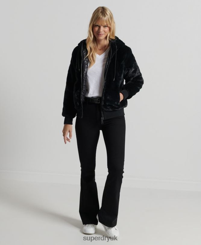 Storm Premium Faux Fur Jacket Women Black Clothing Superdry 66N8N6182