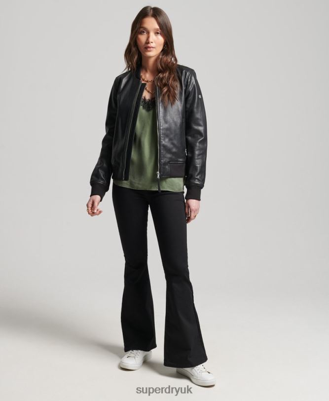 Studio Leather Flight Bomber Jacket Women Black Clothing Superdry 66N8N3838