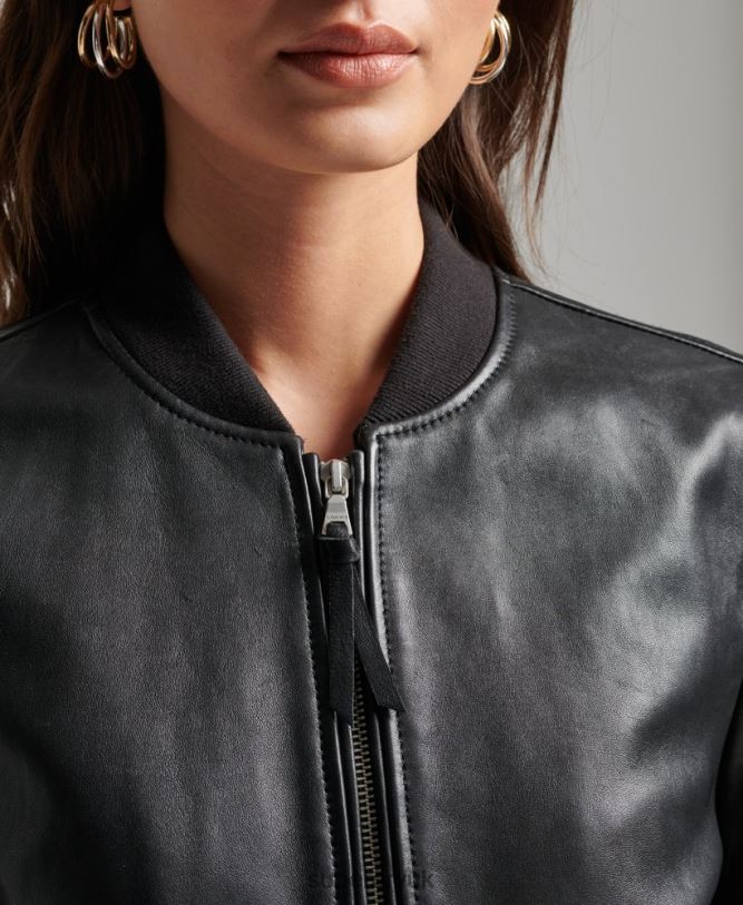 Studio Leather Flight Bomber Jacket Women Black Clothing Superdry 66N8N3838