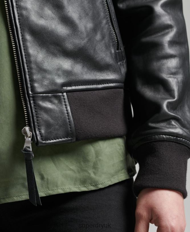 Studio Leather Flight Bomber Jacket Women Black Clothing Superdry 66N8N3838