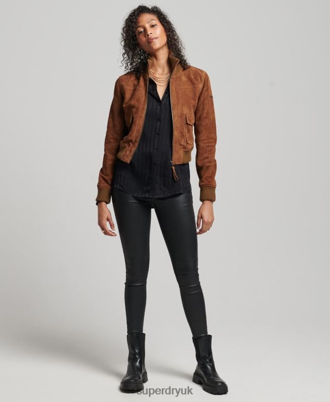 Studios Knit Collar Suede Bomber Women Tan Clothing Superdry 66N8N3535