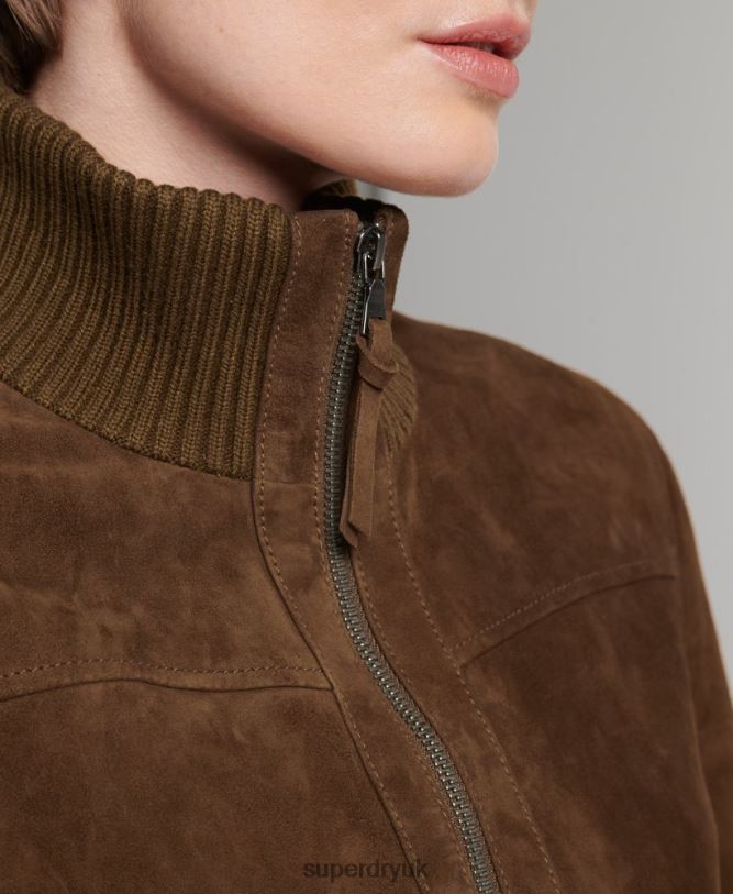 Studios Knitted Collar Suede Bomber Jacket Women Tan Clothing Superdry 66N8N3700