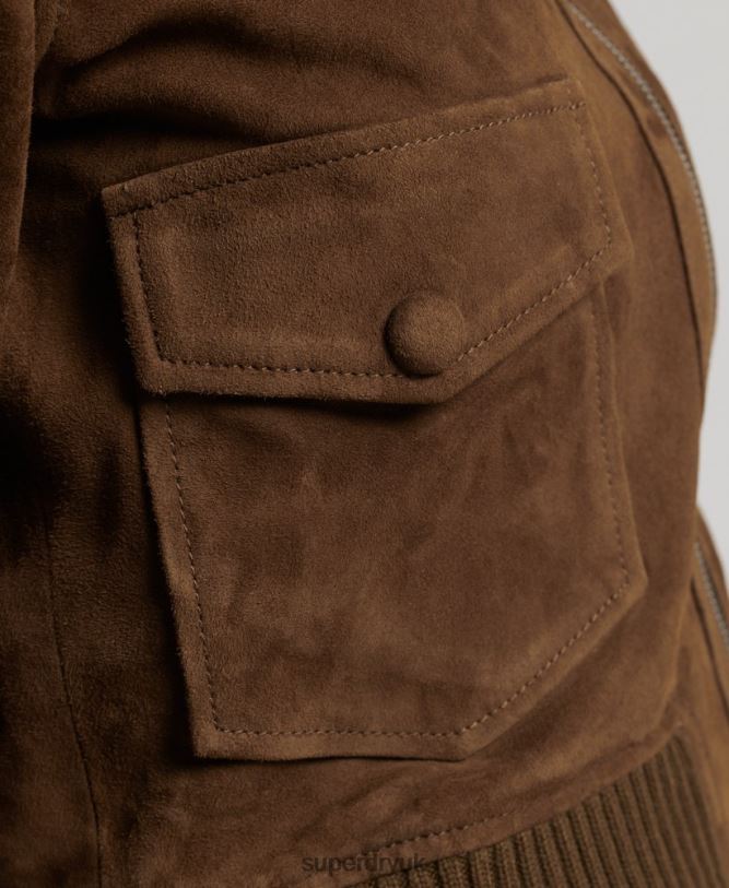 Studios Knitted Collar Suede Bomber Jacket Women Tan Clothing Superdry 66N8N3700