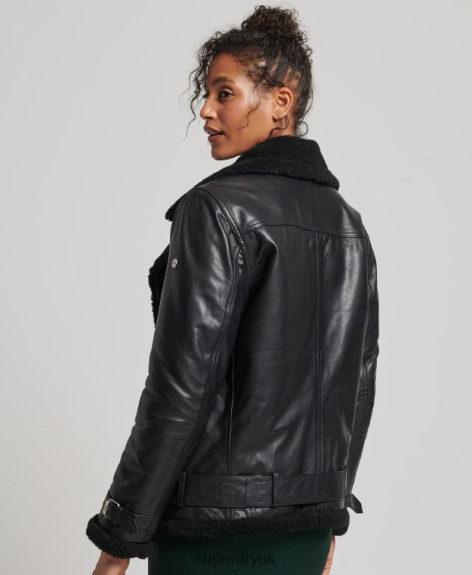 Studios Leather Aviator Jacket Women Black Clothing Superdry 66N8N3569