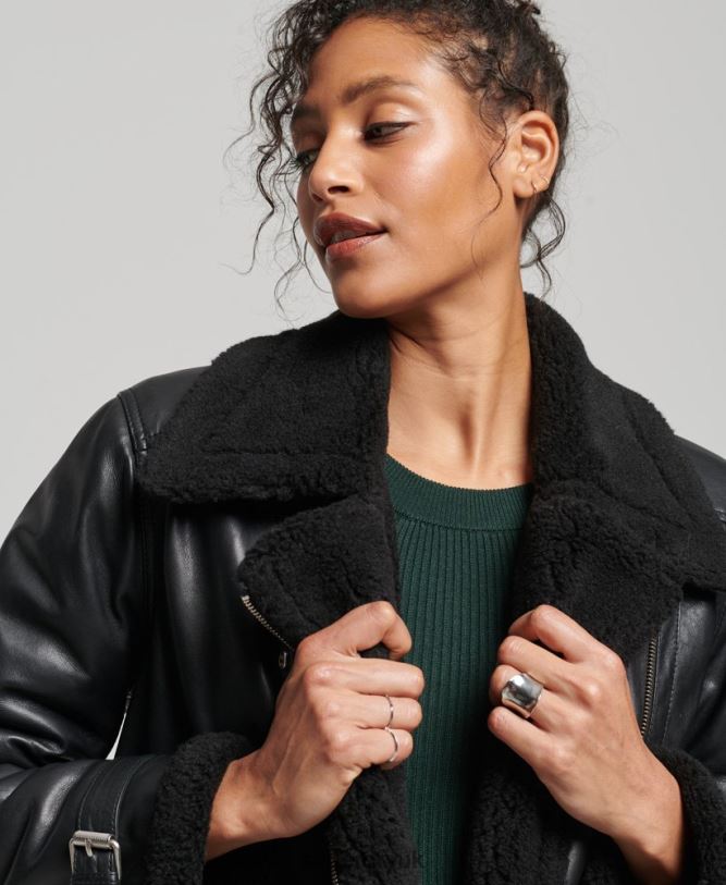 Studios Leather Aviator Jacket Women Black Clothing Superdry 66N8N3569