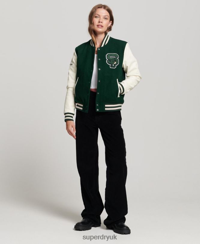 Varsity Patched Bomber Jacket Women Green Clothing Superdry 66N8N5593