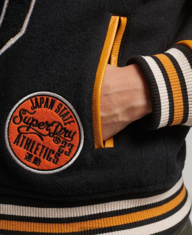 Varsity Wool PU Bomber Jacket Women Black Clothing Superdry 66N8N5467