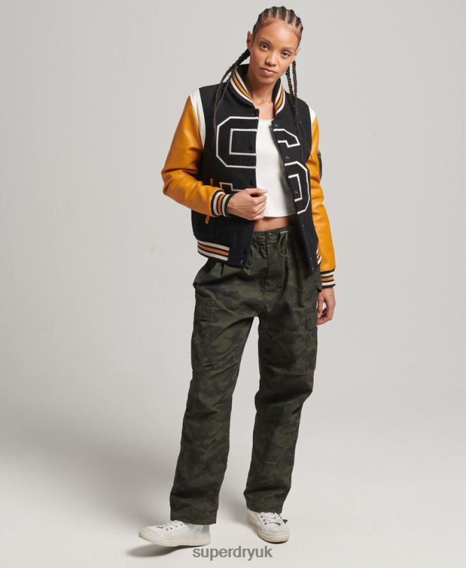 Varsity Wool PU Bomber Jacket Women Black Clothing Superdry 66N8N5467