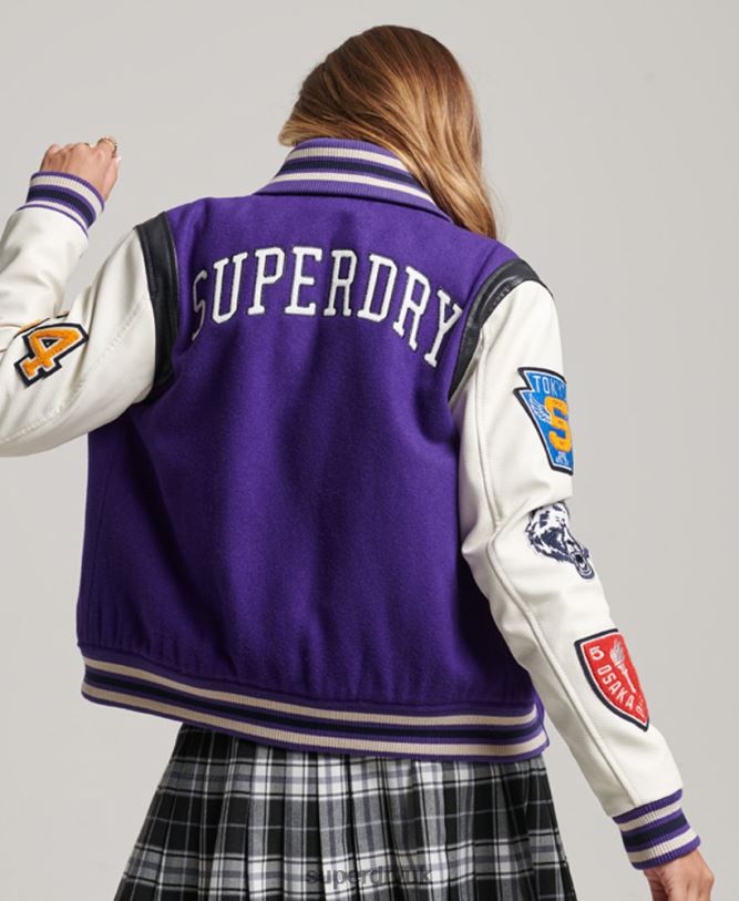 Varsity Wool PU Bomber Jacket Women Purple Clothing Superdry 66N8N5421
