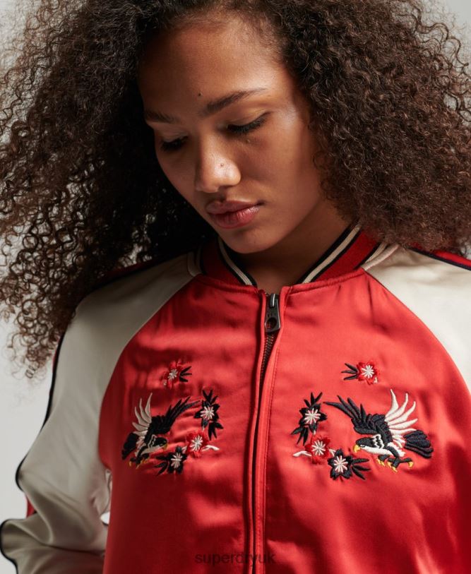 Vintage Embroidered Sukajan Jacket Women Red Clothing Superdry 66N8N3517