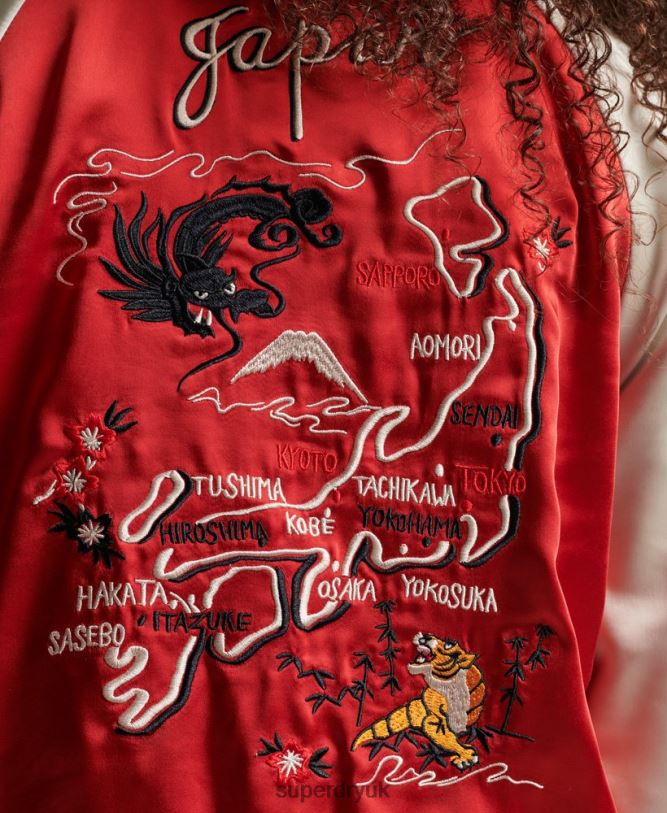 Vintage Embroidered Sukajan Jacket Women Red Clothing Superdry 66N8N3517