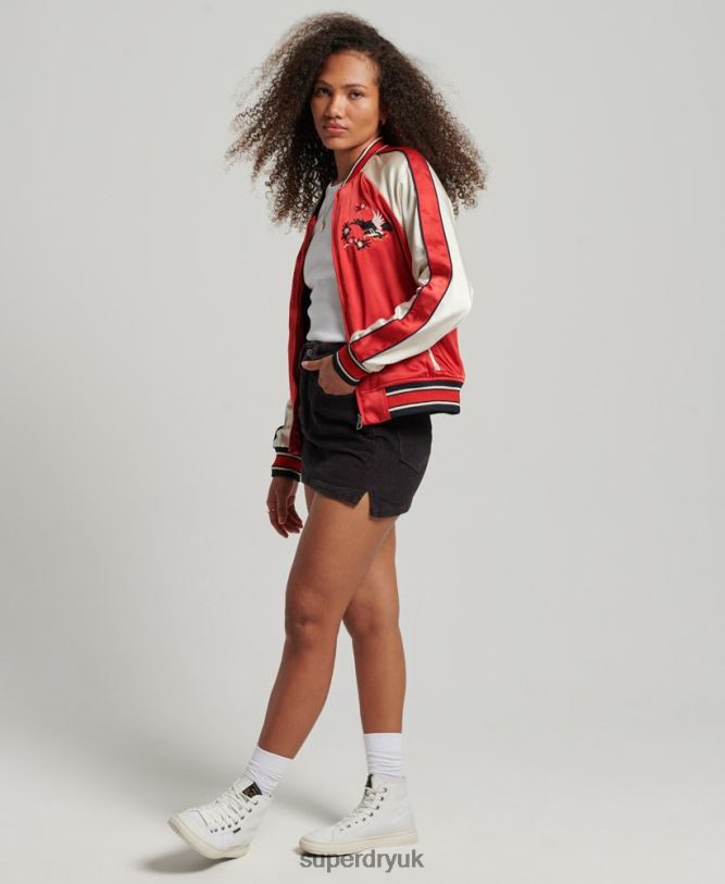 Vintage Embroidered Sukajan Jacket Women Red Clothing Superdry 66N8N3517