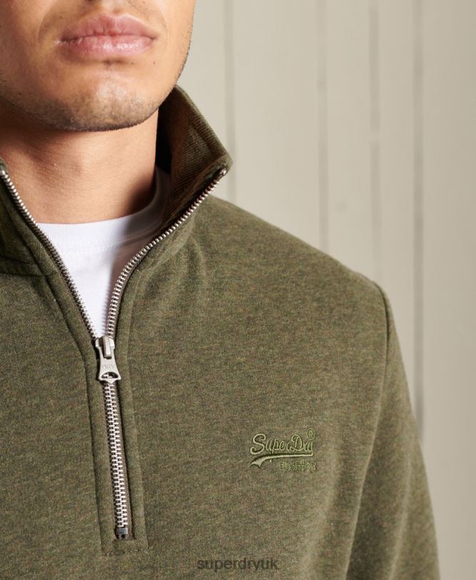 Vintage Logo Embroidered Zip Henley Sweatshirt Men Khaki Clothing Superdry 66N8N5033