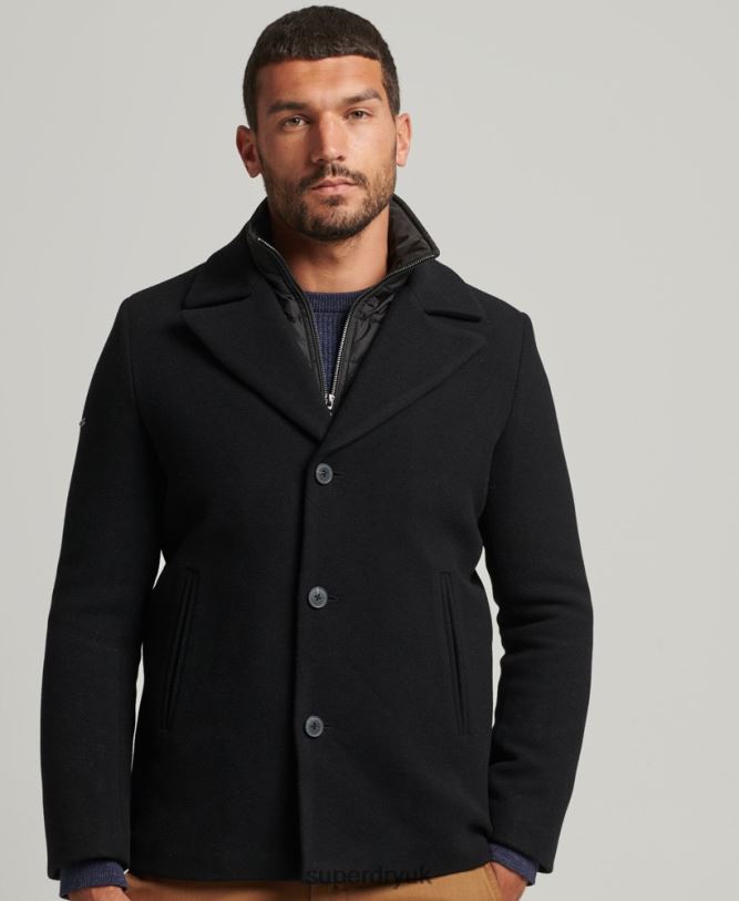Detachable Lining Short Wool Coat Men Black Clothing Superdry 66N8N1131