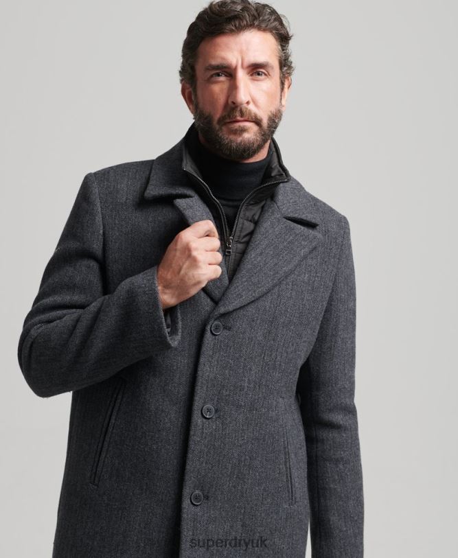 Detachable Lining Short Wool Coat Men Dark Grey Clothing Superdry 66N8N1136