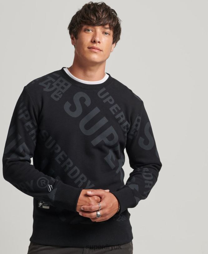 All Over Print Logo Loose Crew Sweatshirt Men Black Clothing Superdry 66N8N786