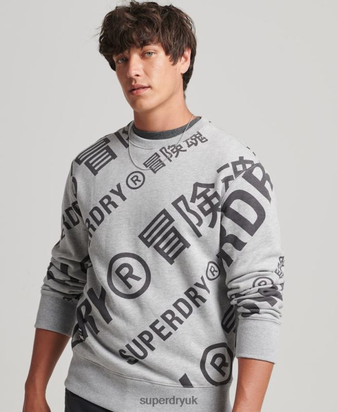 All Over Print Logo Loose Crew Sweatshirt Men Grey Clothing Superdry 66N8N741
